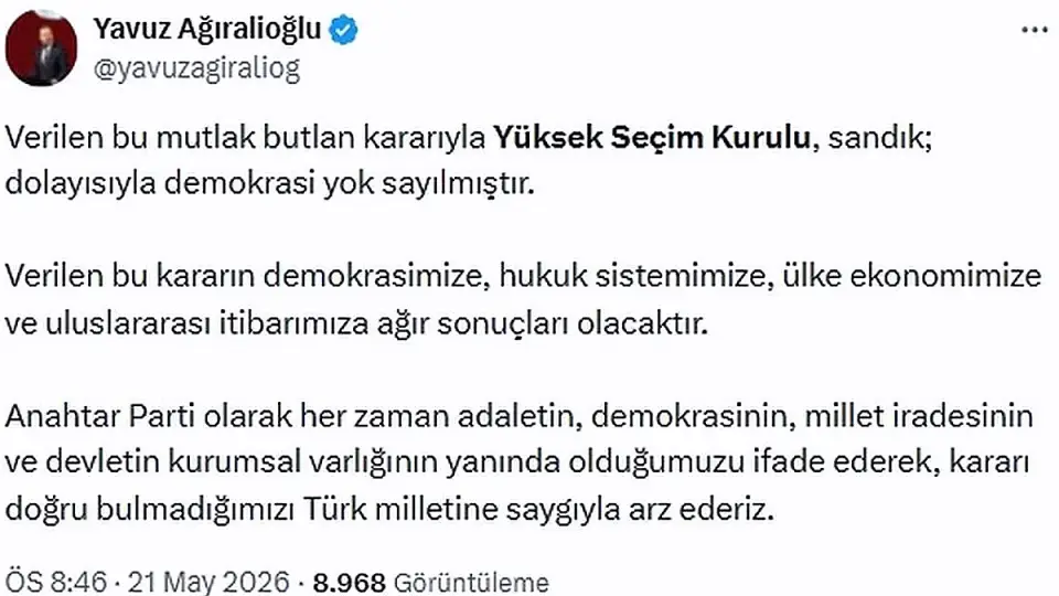 Ağıralioğlu: YSK Kararıyla Demokrasi Yok Sayılmıştır