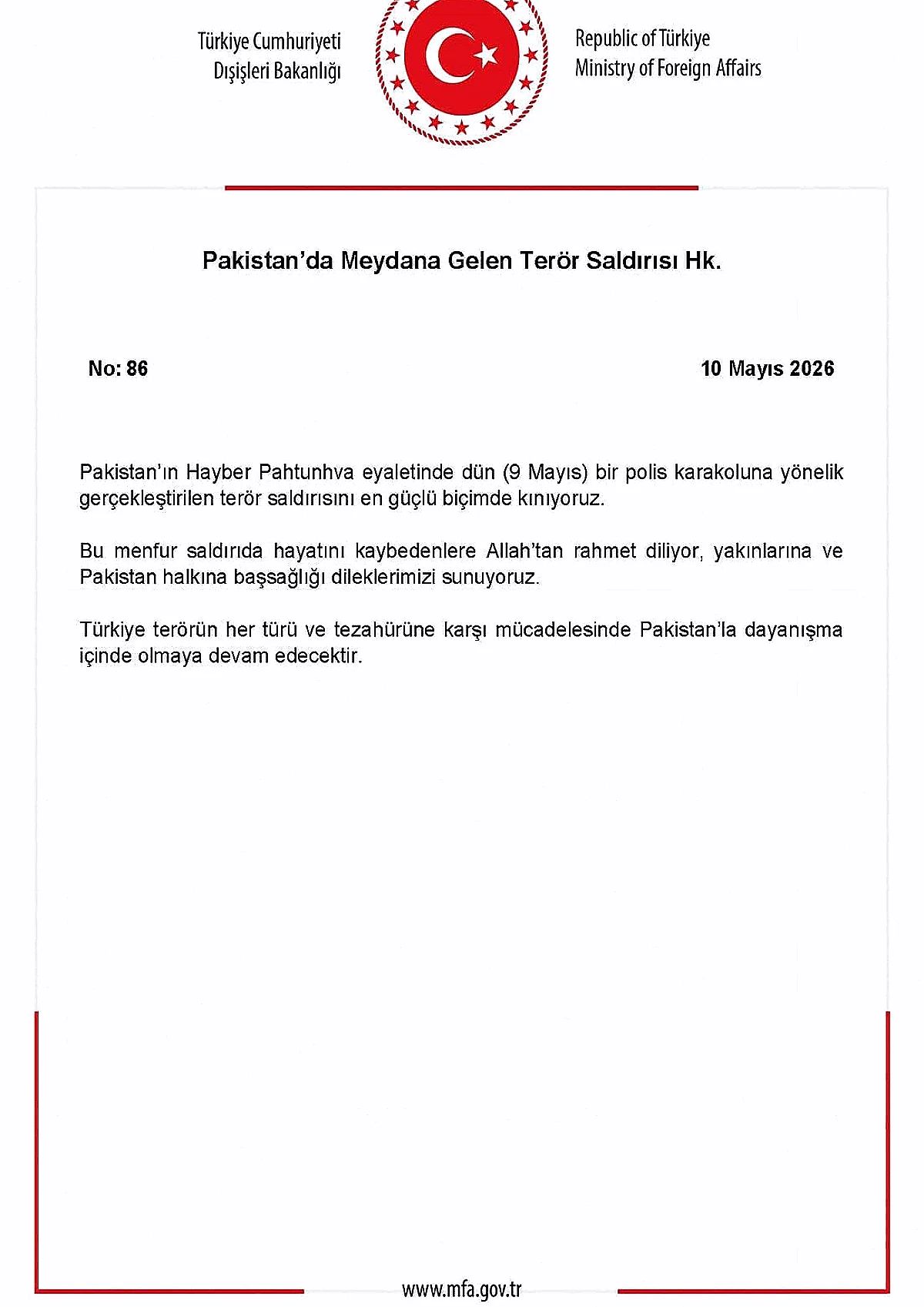 Dışişleri Bakanlığı'ndan Pakistan'daki Terör Saldırısına Kınama